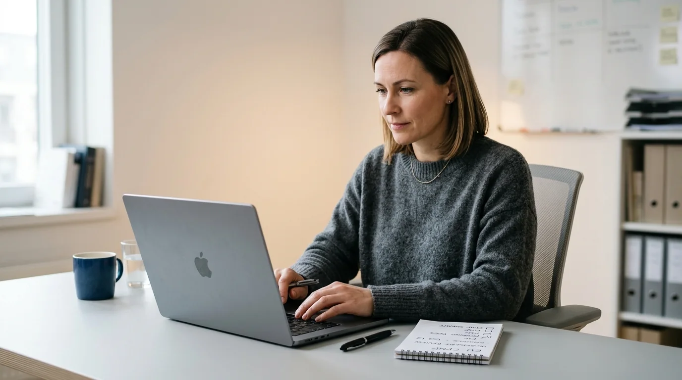 Compliance specialist at a laptop reviewing a CPNP notification